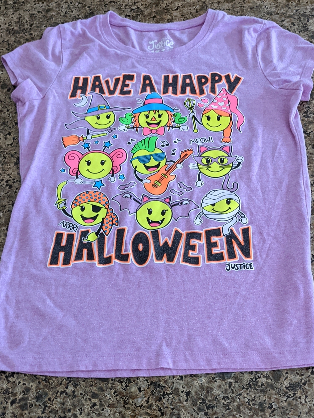 Kid Sz 16 Halloween T-Shirt Top Black Glitter Letters Happy Faces Justice Purple